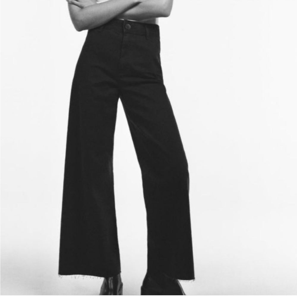 ZARA Marine Straight High Waist Rise Black Wide Leg Crops Cropped Pants Jeans 6